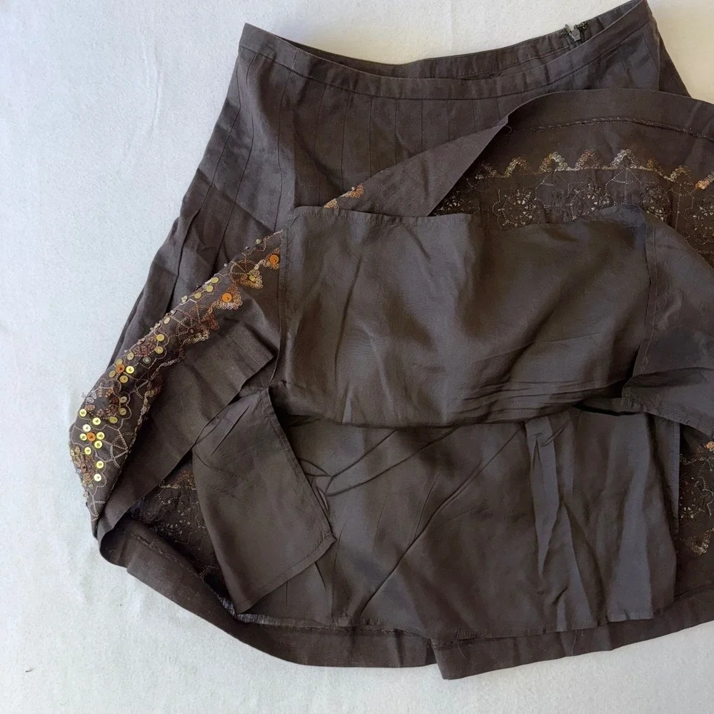 Ann Taylor Loft Brown Linen Blend Pleated Sequin Hem A-Line‎ Skirt Womens 10